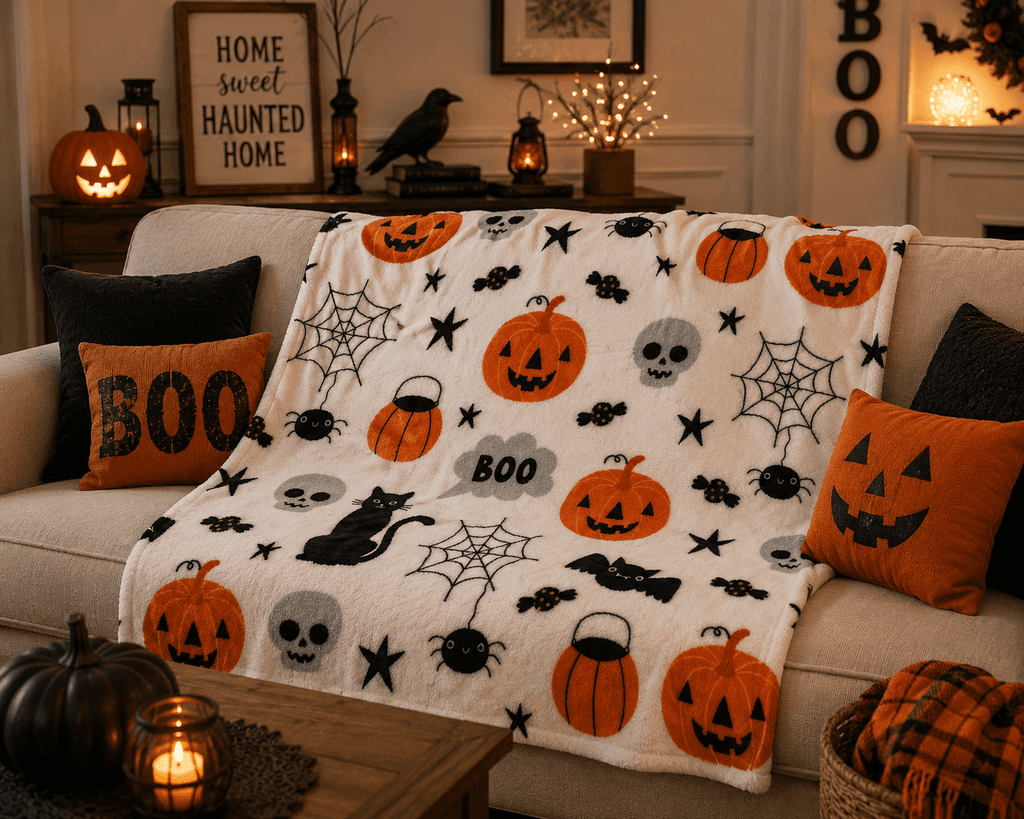 Serafina Home Halloween Throw Blanket: Fuzzy Boo! Jack O'Lantern Spider Webs Skull and Black Cats Print on Velvet Fleece for Sofa Bed Couch Chair Dorm