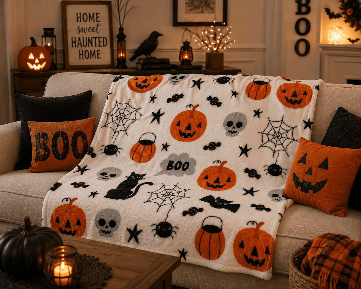 Serafina Home Halloween Throw Blanket: Fuzzy Boo! Jack O'Lantern Spider Webs Skull and Black Cats Print on Velvet Fleece for Sofa Bed Couch Chair Dorm