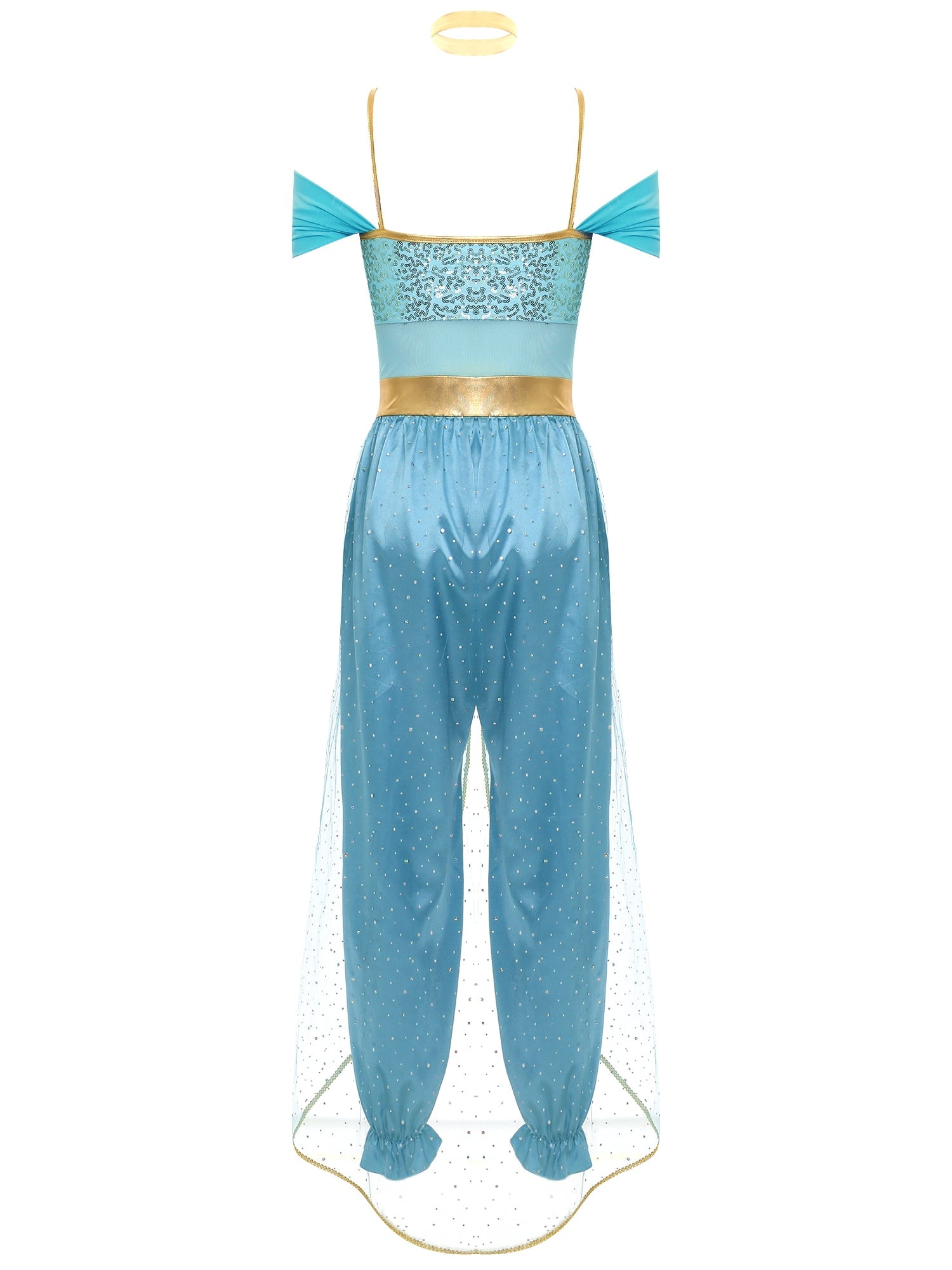 YiZYiF Women's Arabian Princess Dance Costume Halloween Party Fancy Dress Shiny Belly Dance Jumpsuit Turquoise B M