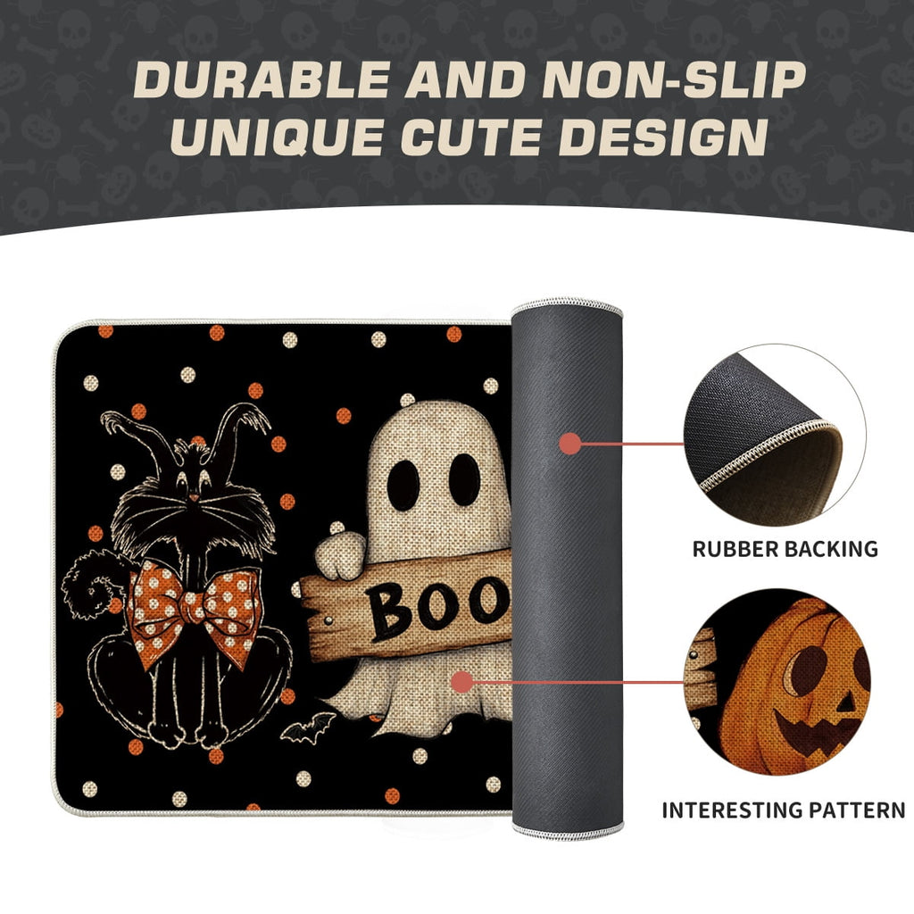 Sm:)e Polka Dot Black Cat, Jack-O'-Lantern, Ghost Halloween Welcome Doormat, 17x29 Inch