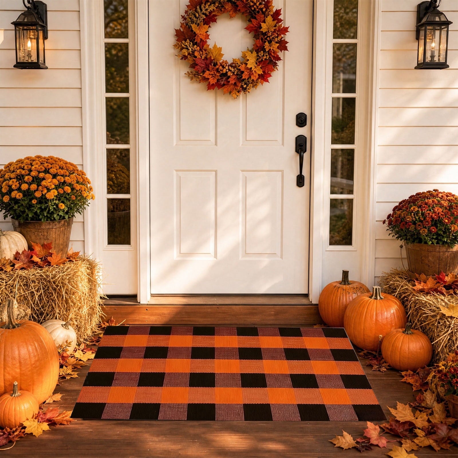 Orange Plaid Fall Outdoor Mat, Hand-Woven Porch Rug for Thanksgiving Halloween Door Decor