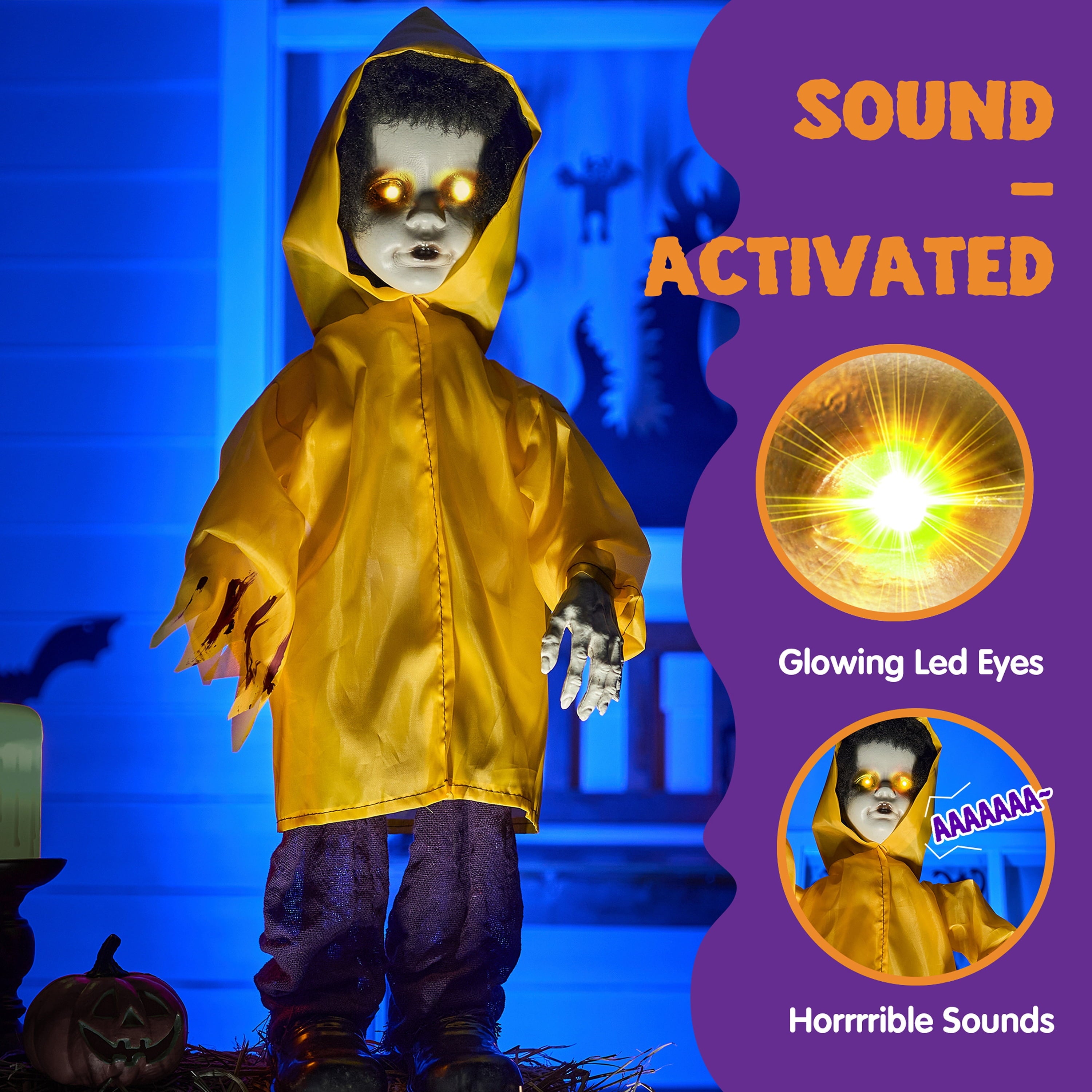 Joyfy 67" Standing Grim Reaper with Chain, Large Halloween Decorations Outdoor, Life Size Animatronics Skelton, Sound-Actived Party Decor with Creepy Sound & LED Eyes, Scary Haunted House Props