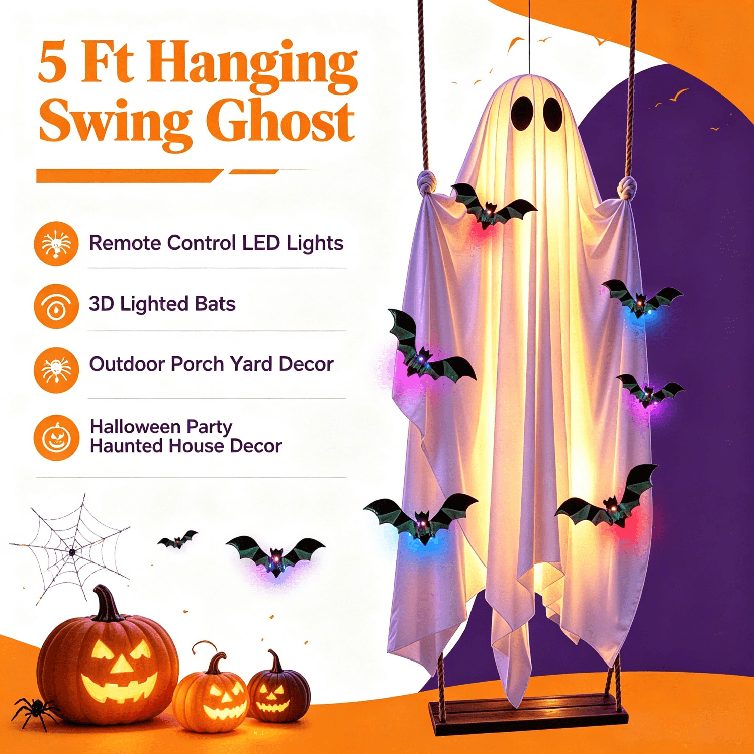 Halloween Decorations Outdoor - 5 FT Large Hanging Swing Ghost Halloween Decor with String Lights, Spooky Cute Ghosts Decorations for Front Porch Yard Tree