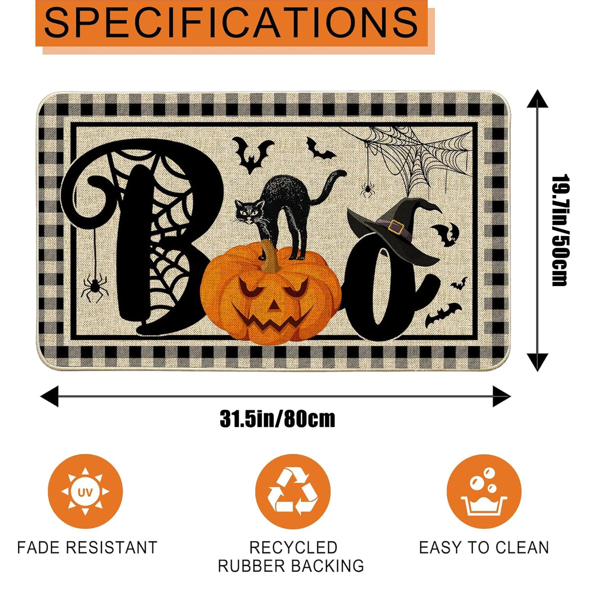 NIETEIN Halloween Door Mat Pumpkin Cat Gnomes Non-Slip Washable 31.5x19.7 Inch (Black Cat Pumpkin Bat)