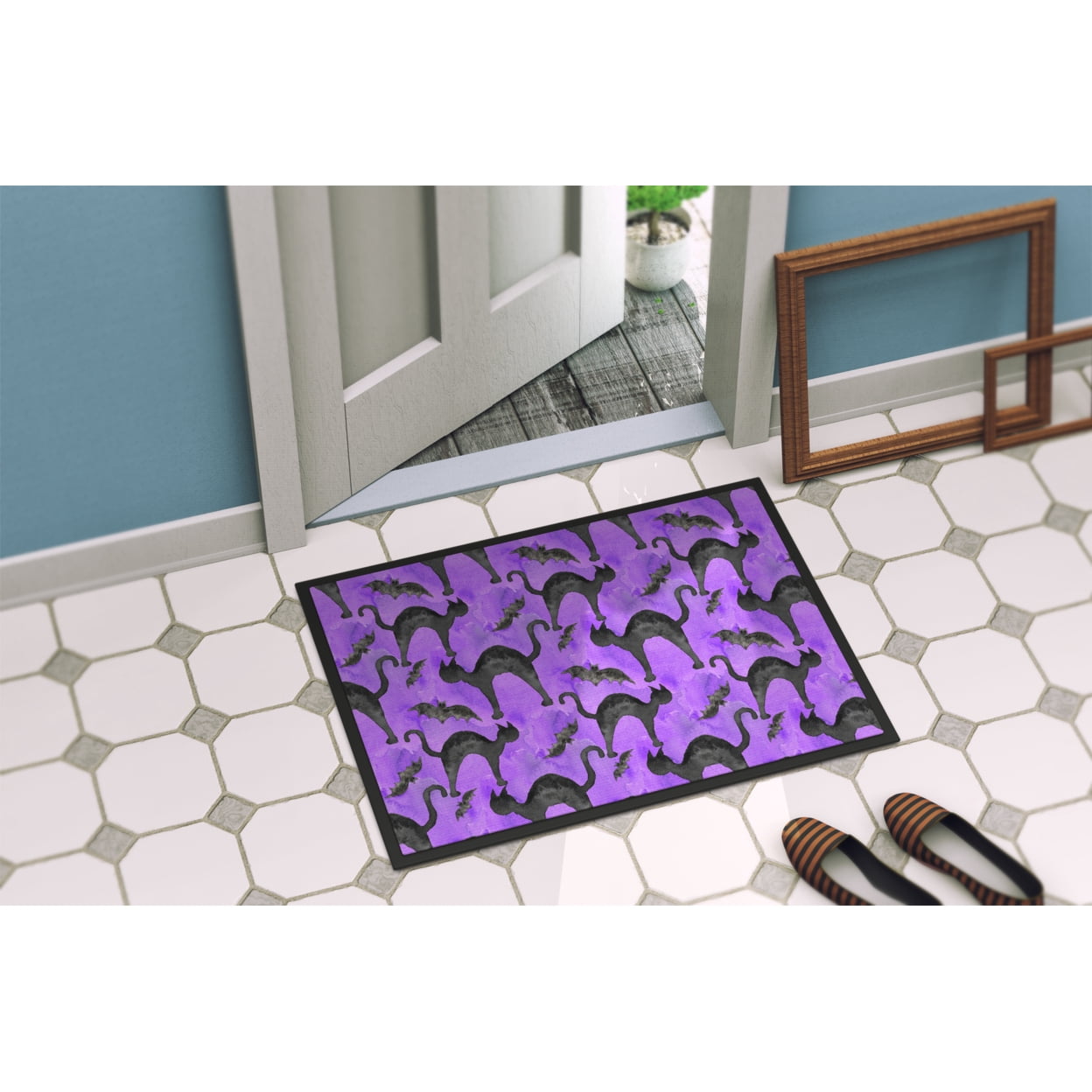 Watecolor Halloween Black Cats on Purple Door Mat