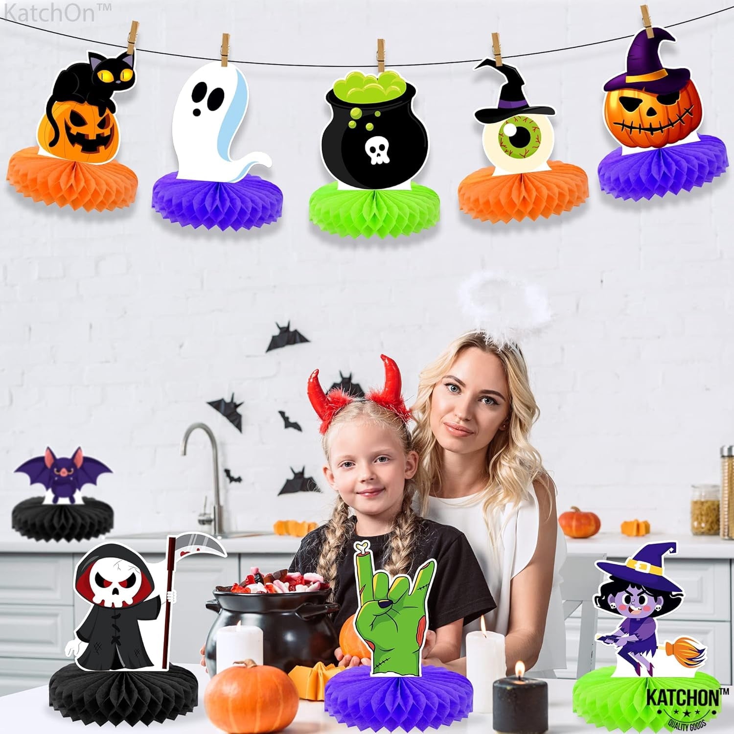 KatchOn, Halloween Honeycomb Centerpieces - Pack of 9 | Halloween Party Table Decorations | Halloween Party Table Centerpieces for Kids Halloween Birthday Party Decorations | Halloween Table Decor