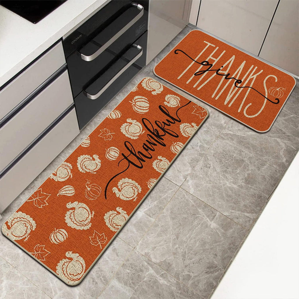 Decorative Kitchen Floor Mats Set of Two, Fall Theme Pumpkin Turkey Pattern Kitchen Rugs and Mats for Outdoor Indoor Kitchen Decor Halloween Thanksgiving Non-Slip Doormat