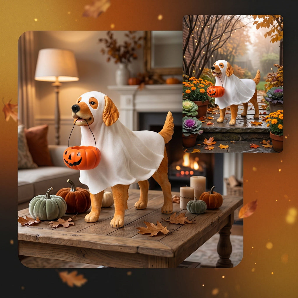 Clearance Halloween Schnauzer Bat Figurine with Ghost Bucket, 8 inch Resin Cute Dog Gifts Tabletop Decor