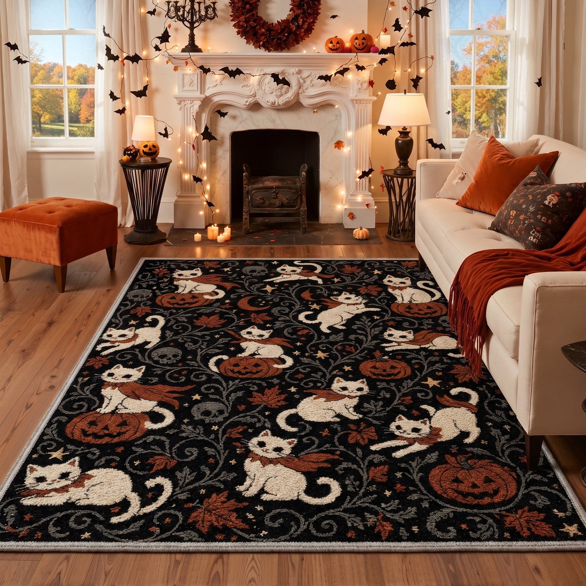 GENIMO 2'x7' Halloween Runner Rug, Washable Non Slip Soft Whimsical Skeleton Indoor Outdoor Hallway Runner for Porch Patio Kitchen Entryway, Charcoal Black