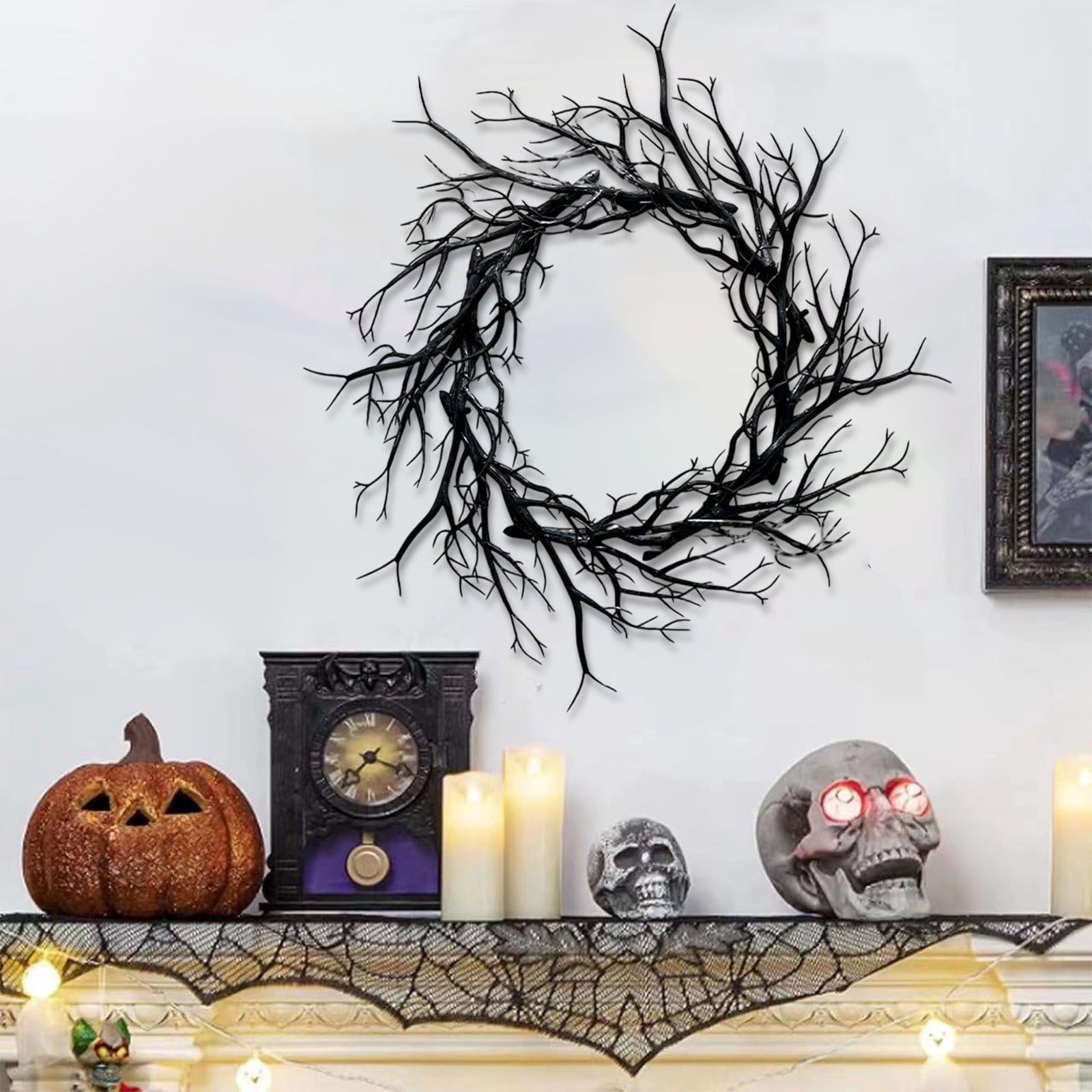 Boovnll Halloween Wreath, 18" Horror & Novelty Handmade Black Twig Glitter Bats Halloween Wreaths for Front Door Fireplace Wall Porch Party Decor, Halloween Decorations