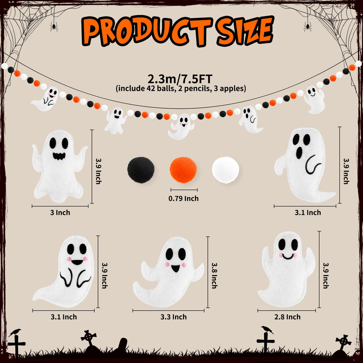YIBAGA Halloween Garland Banner 6.6Ft Wool Felt Ghosts Ball Haunted Houses Decors Party Supplies