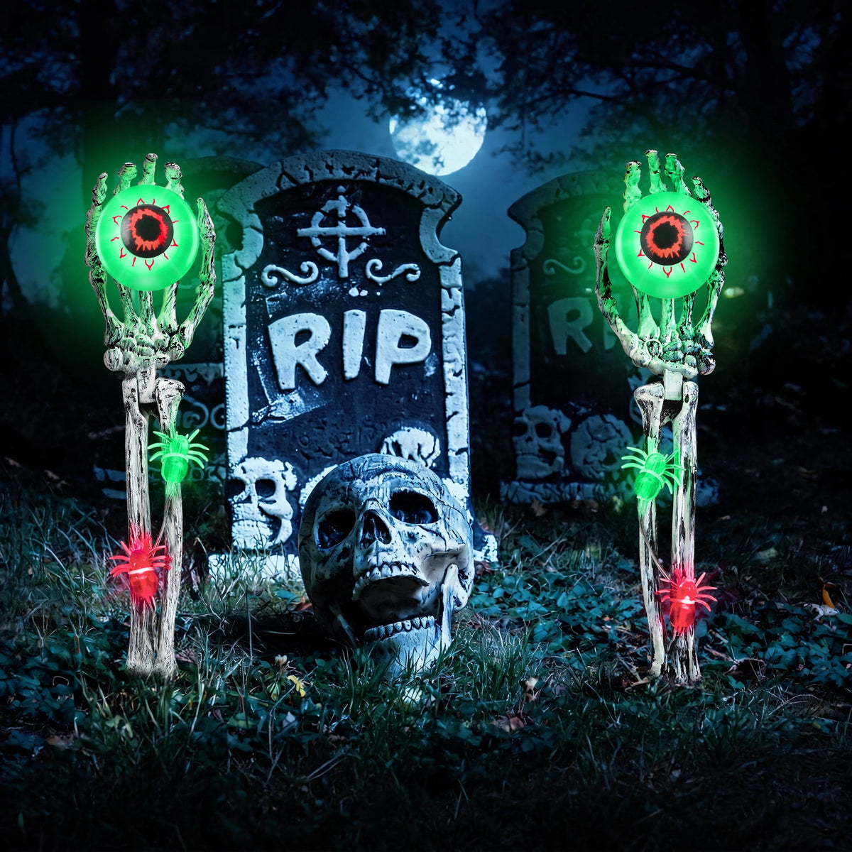 Toodour Halloween Pathway Lights Outdoor, Battery Operated Halloween Skeleton Hands with Light Up Eyeballs & Spiders, Waterproof Halloween Decor for Walkway Garden Yard Lawn, Red