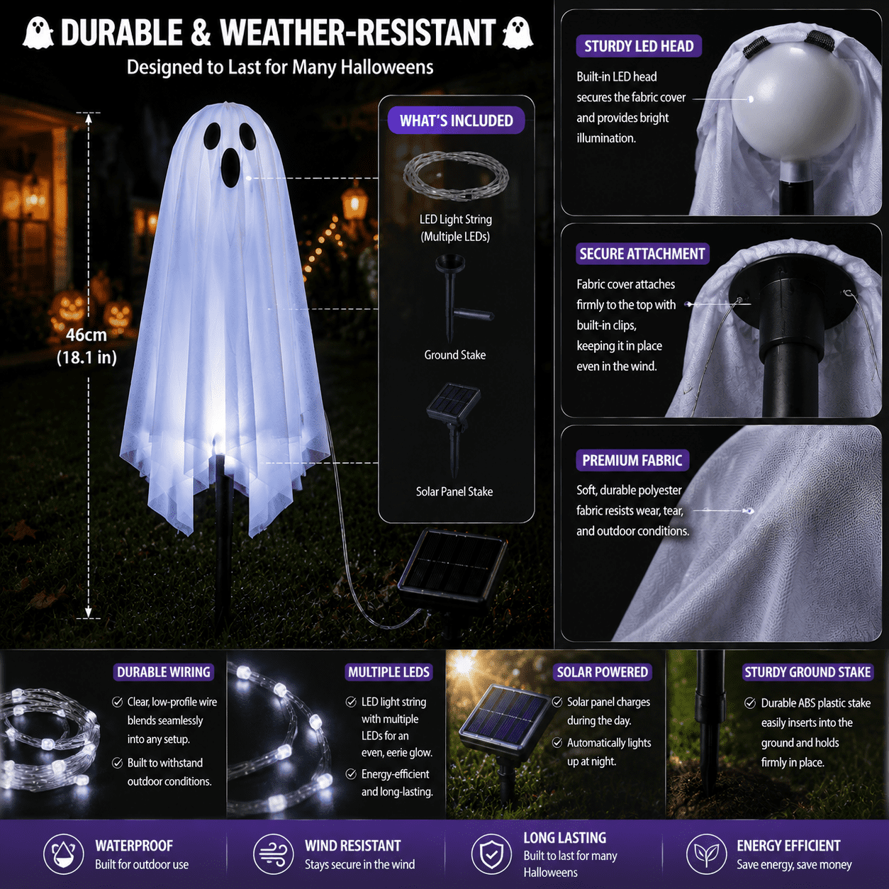 6 Pack Solar Halloween Ghost String Stake Lights, White LED Pathway Lights with 8 Lighting Modes, Waterproof Outdoor Halloween Decor for Garden Yard Lawn Walkway Graveyard Decor