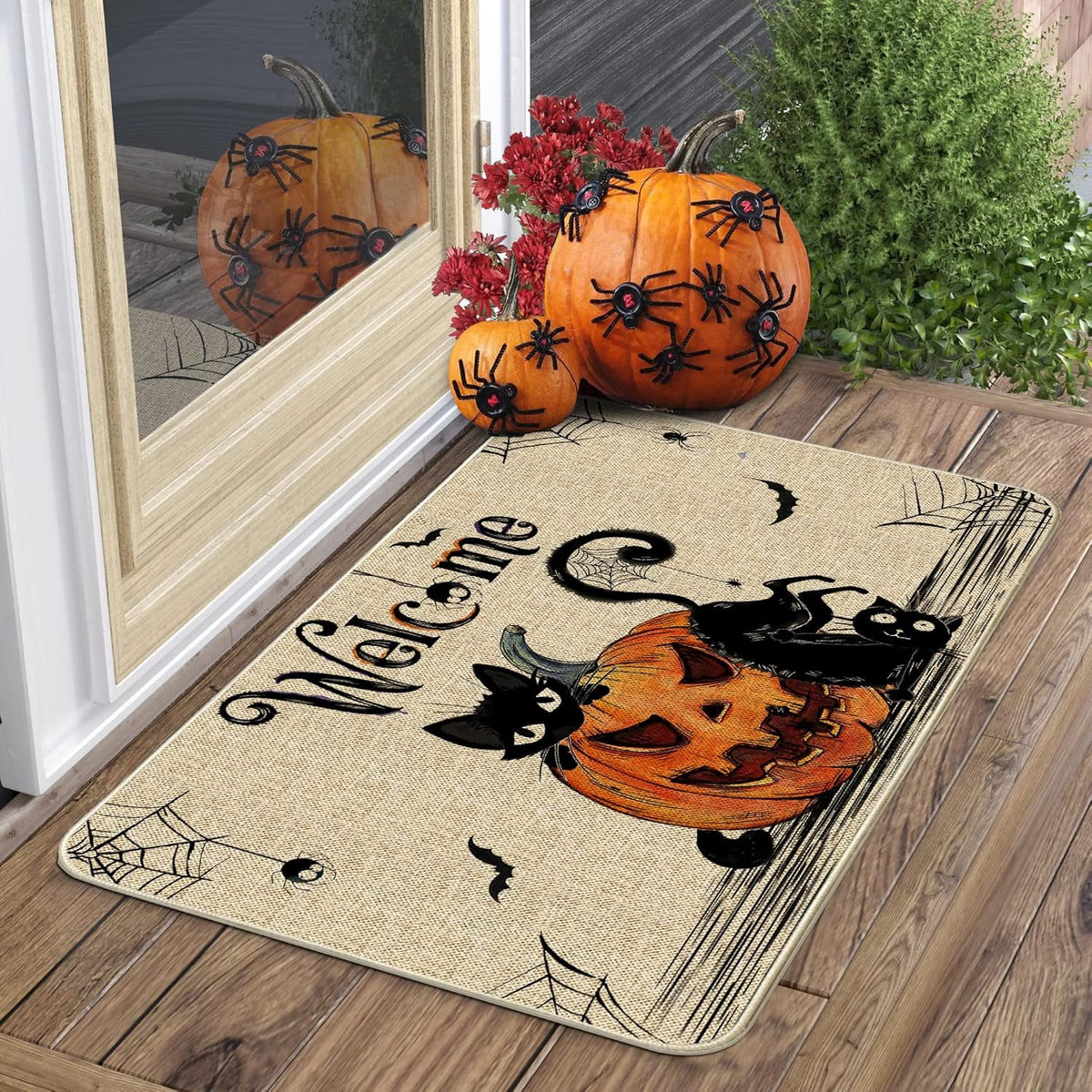 NIETEIN Halloween Door Mat Pumpkin Cat Gnomes Non-Slip Washable 31.5x19.7 Inch (Black Cat Pumpkin)