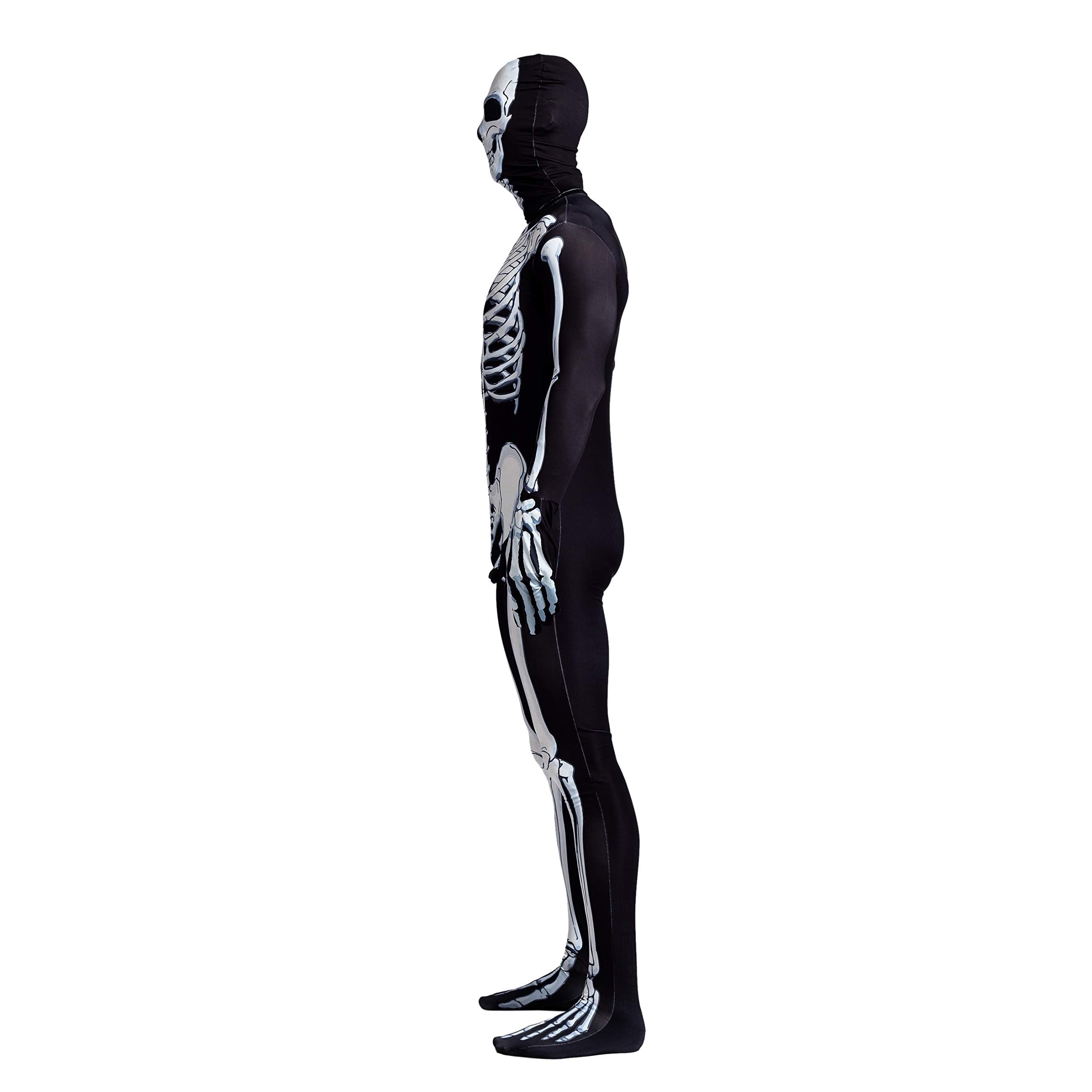 Joyfy Skeleton Costume for Adults, Skeleton Bone Bodysuit Halloween Costumes for Men with Skeleton Hood Mask, Halloween Party Fancy Dress-up