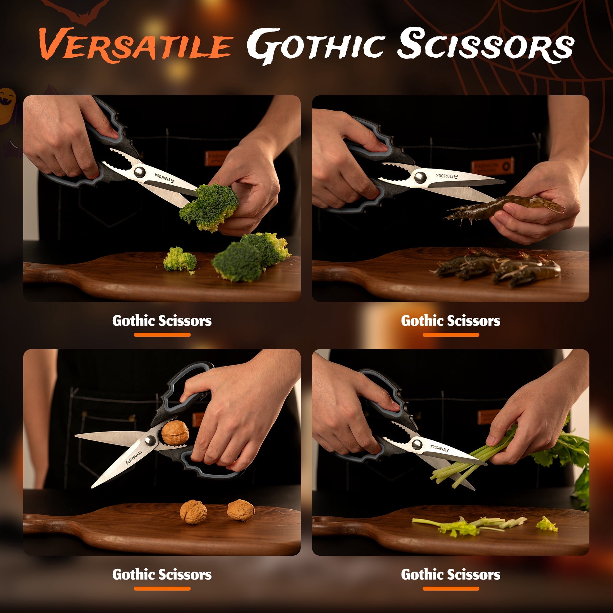 Astercook Halloween Kitchen Scissors, Gothic Skull Heavy Duty Shears for Cooking, Poultry, Herbs – Spooky Pumpkin Design, Dishwasher Safe, Perfect Gift for Halloween Party & Home Décor Red