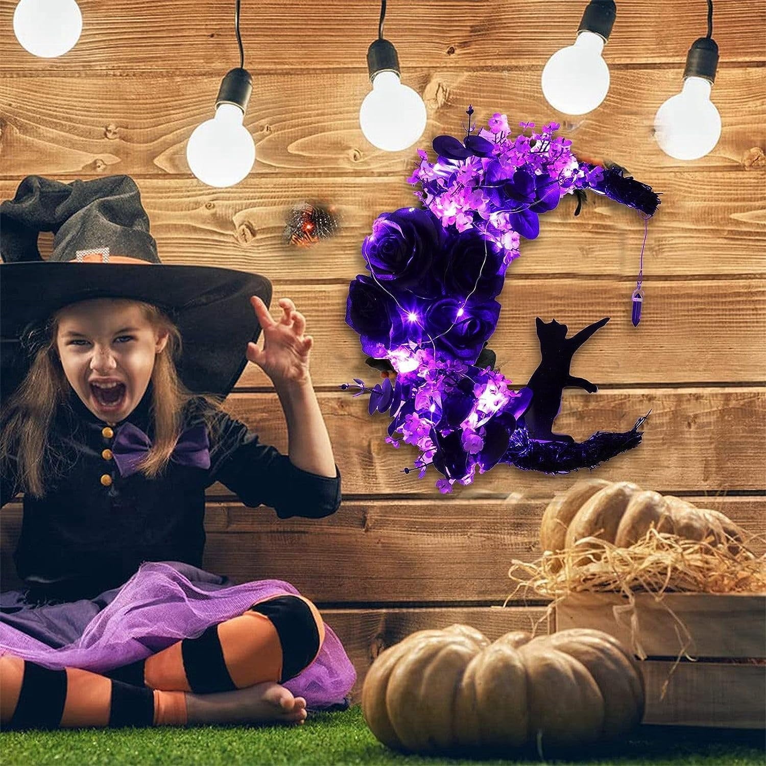 Wiher Halloween Wreaths with Lights for Front Door, 13.77" Halloween Moon Wreath with Black Cat Wood Wreath Halloween Wreath Horror Decorations for Home Party Window Wall Indoor Outdoor C