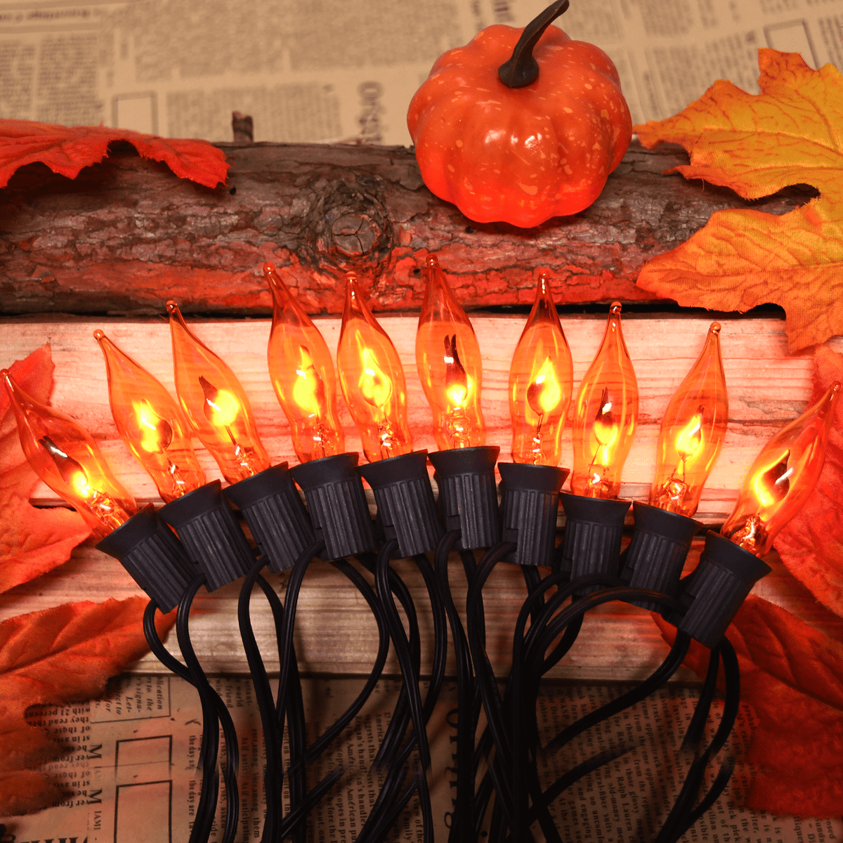 Halloween Lights Flickering Flame String Lights with 12 Pack C7 Orange Flame Light Bulbs (2 Spare), 12.8Ft Orange Flame String Lights for Indoor Outdoor Home Party Yard Halloween Decorations