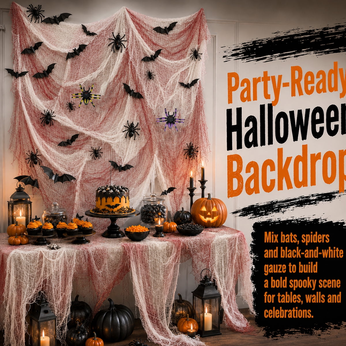 Halloween Creepy Cloth Halloween Gauz Scary Decoration with Bats Spiders Fabric Hanging Spooky Stuff for Indoor Outdoor Home Wall Haunted House Party Supplies 88Pcs Set 1
