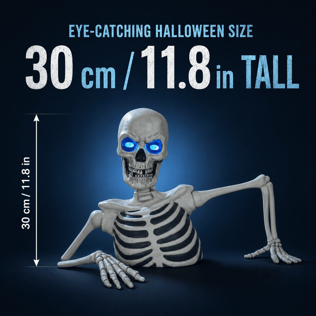 Ground Breaking Skeleton with LCD Glowing Eyes, Animated Halloween Prop Decoration, Spooky Yard Ornament for Lawn, Garden, Haunted House & Holiday Display, White