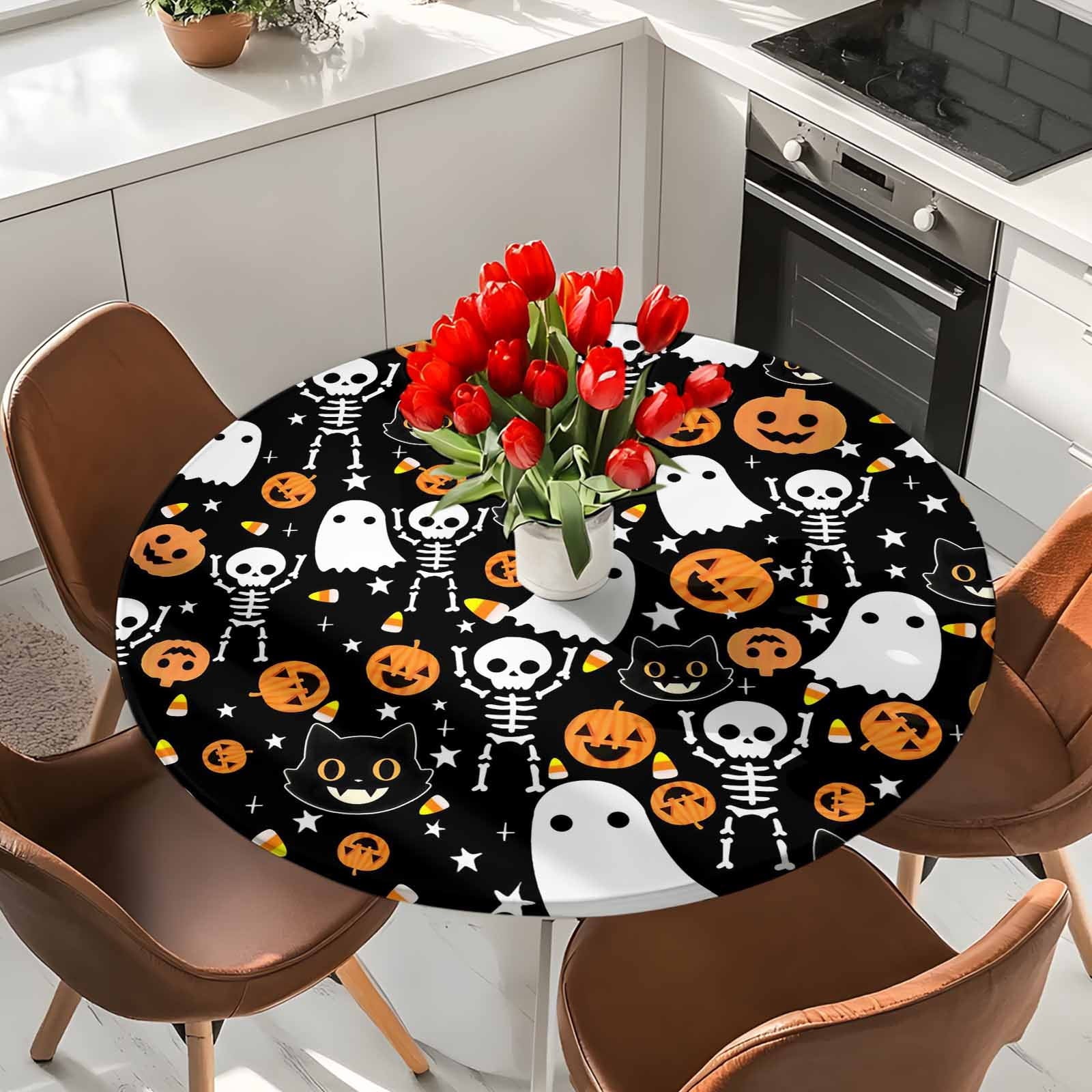 Halloween Round Tablecloth 36-44 Inch Round Fitted Table Cloth with Elastic Edge, Orange Pumpkins White Funny Ghost Black Cat Waterproof Table Cover Protector for Outdoor Picnic Party Dining