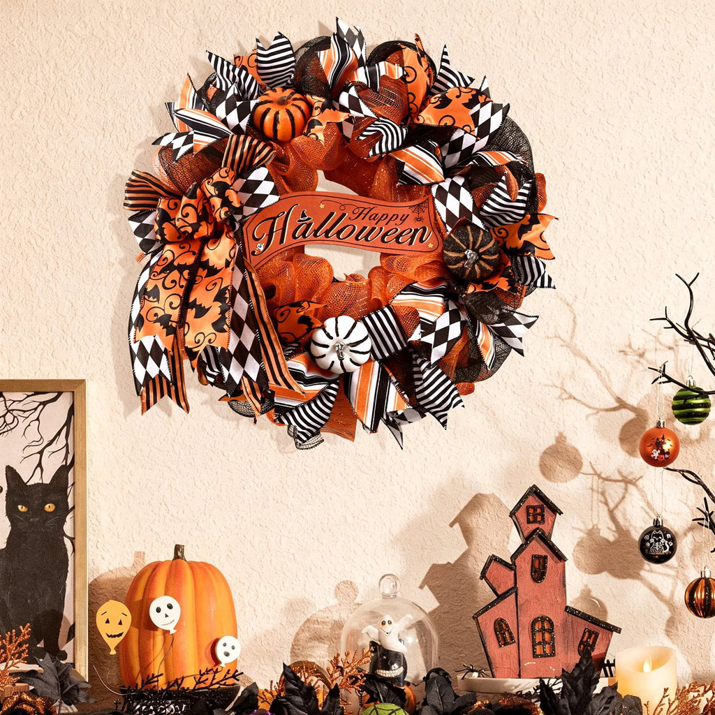 Yastouay 20" Halloween Wreath for Front Door Orange Black Mesh Wreath with Pumpkins "Happy Halloween" Fall Harvest Decor for Party