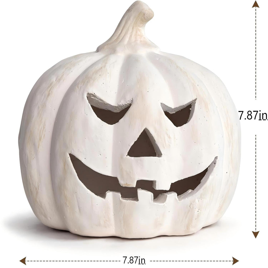 Fall Decor - Halloween Decorations - 5.9"H White Handmade Resin Pumpkin Jack O' Lantern with Flameless Candle - Outdoor Indoor Autumn Decoration for Table Centerpieces Porch Room Front Door