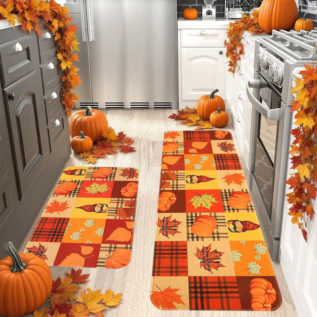 HOARBOEG Fall Pumpkin Maple Leaf Floor Mat 2-Piece Set - Non-Slip Halloween Thanksgiving Decorative Rug for Bathroom, Kitchen, Porch, Entrance, Polyester Foot Mats, Easy Clean Indoor/Outdoor