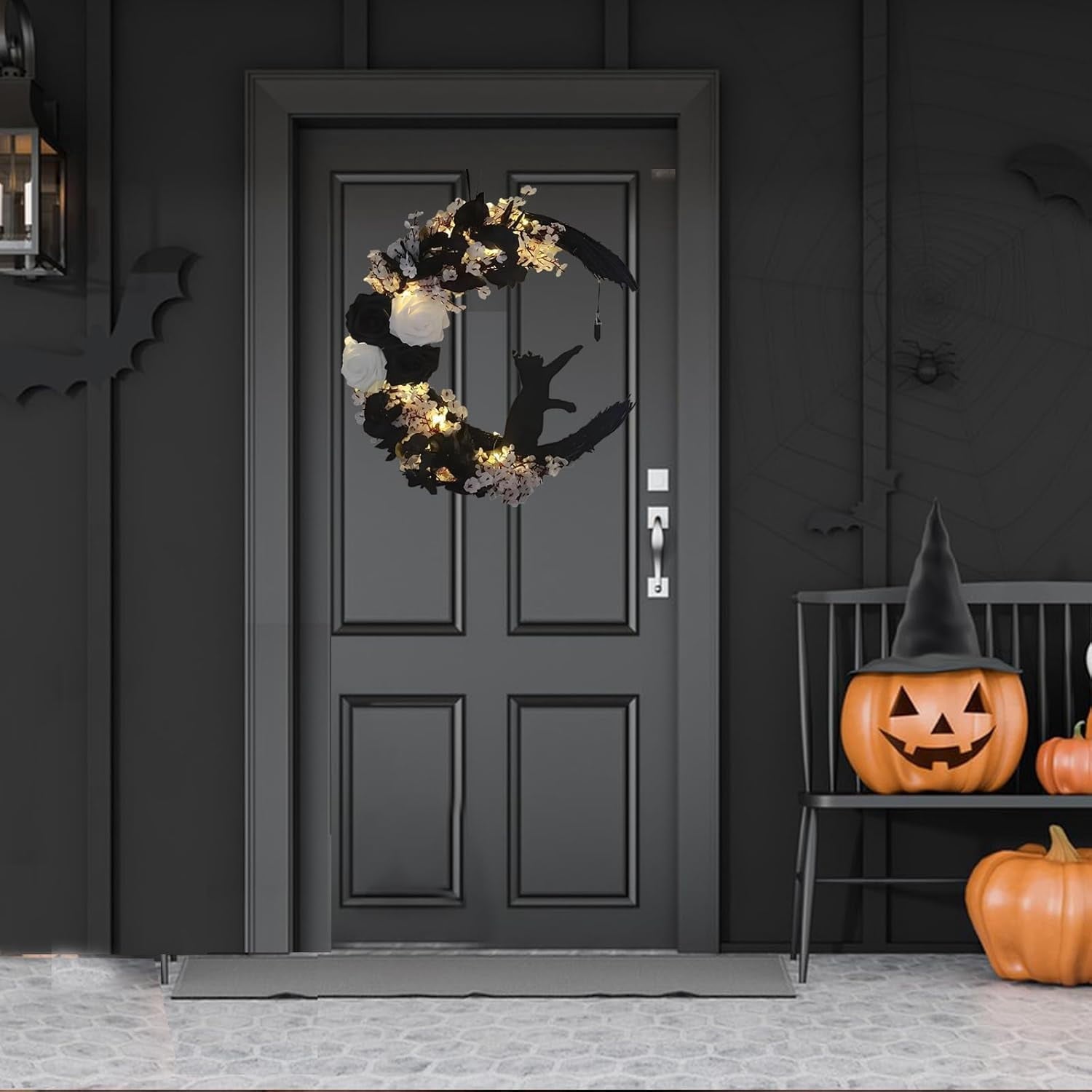 Halloween Wreaths For Front Door, Flower Moon Cat Halloween Home Decoration, Halloween Family Gathering Decoration Wreath，Outdoor, Wall, Closet, Fence, Wreath Halloween (Pink roses)