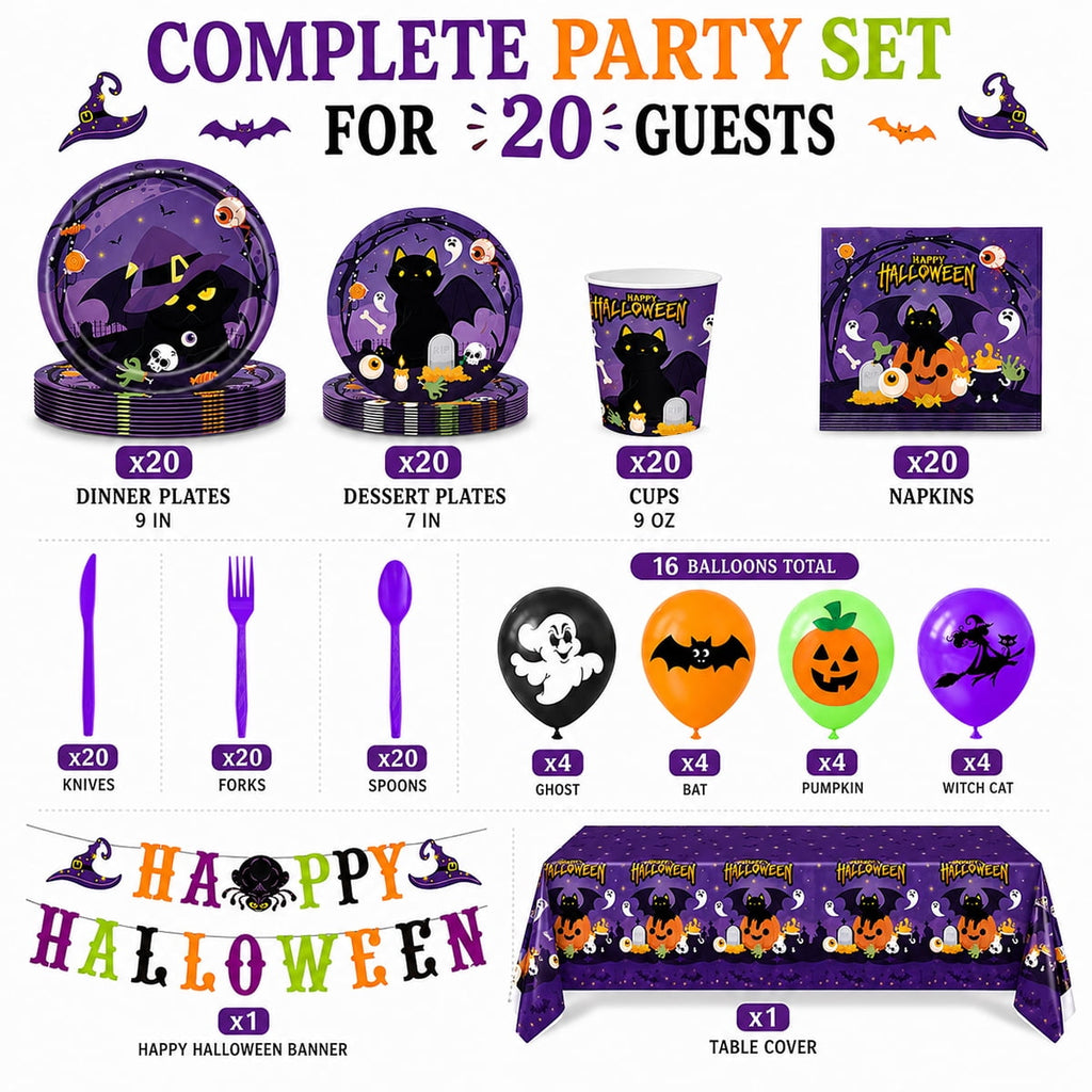 Halloween Paper Plates for Halloween Party Decoration Disposable Cups Napkins Table Cover Balloons Banner for Halloween Birthday Party Supplies Serve 20 Design2