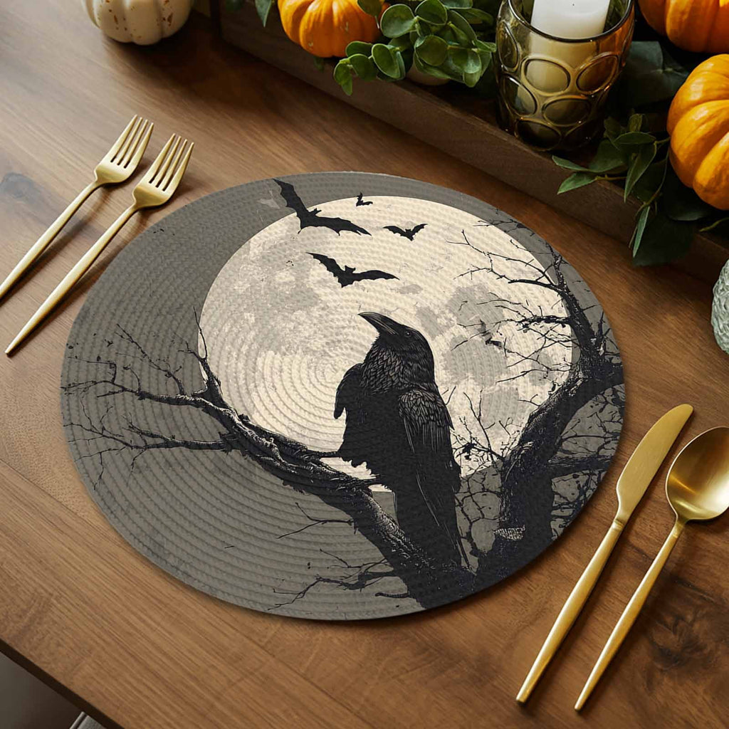 Halloween Round Placemats Set of 4 Black Crow Bats Place Mats Washable Woven Placemat Horror Moon Tree Branch Circle Braided Table Mat for Kitchen Dining Table Holiday Party Home Decor 15 Inch