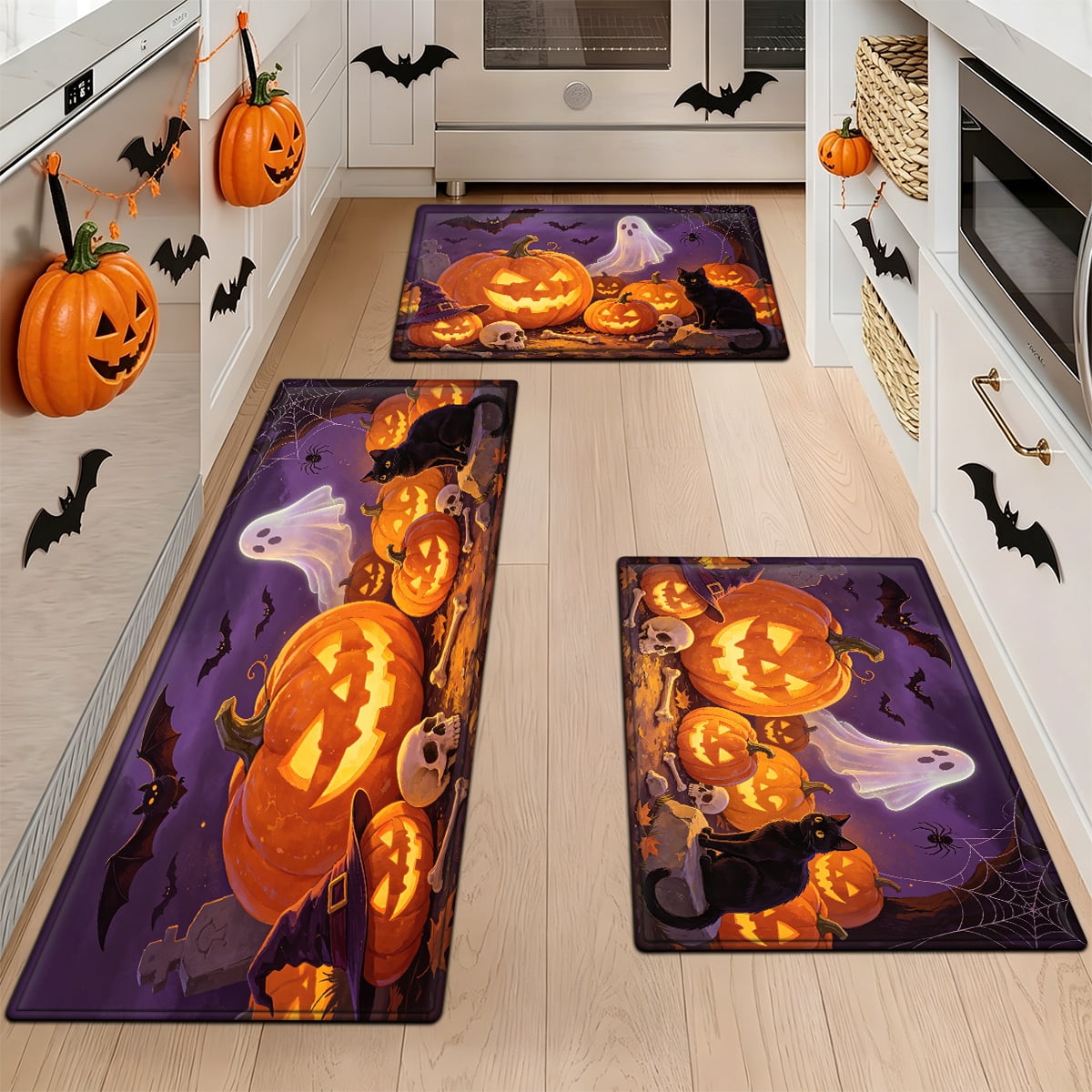 YIMEIS Halloween Pumpkin Lantern 3Pcs Flannel Mat & Kitchen Rugs Set,16''×24'' 20''×30'' 17''×47'' Inches,Soft Non-slip for Home Bathroom