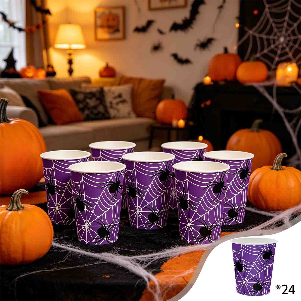 24 Pack Halloween Disposable Tableware Set, Spider and Cobweb Pattern Paper Plates, Halloween Party Supplies Favors