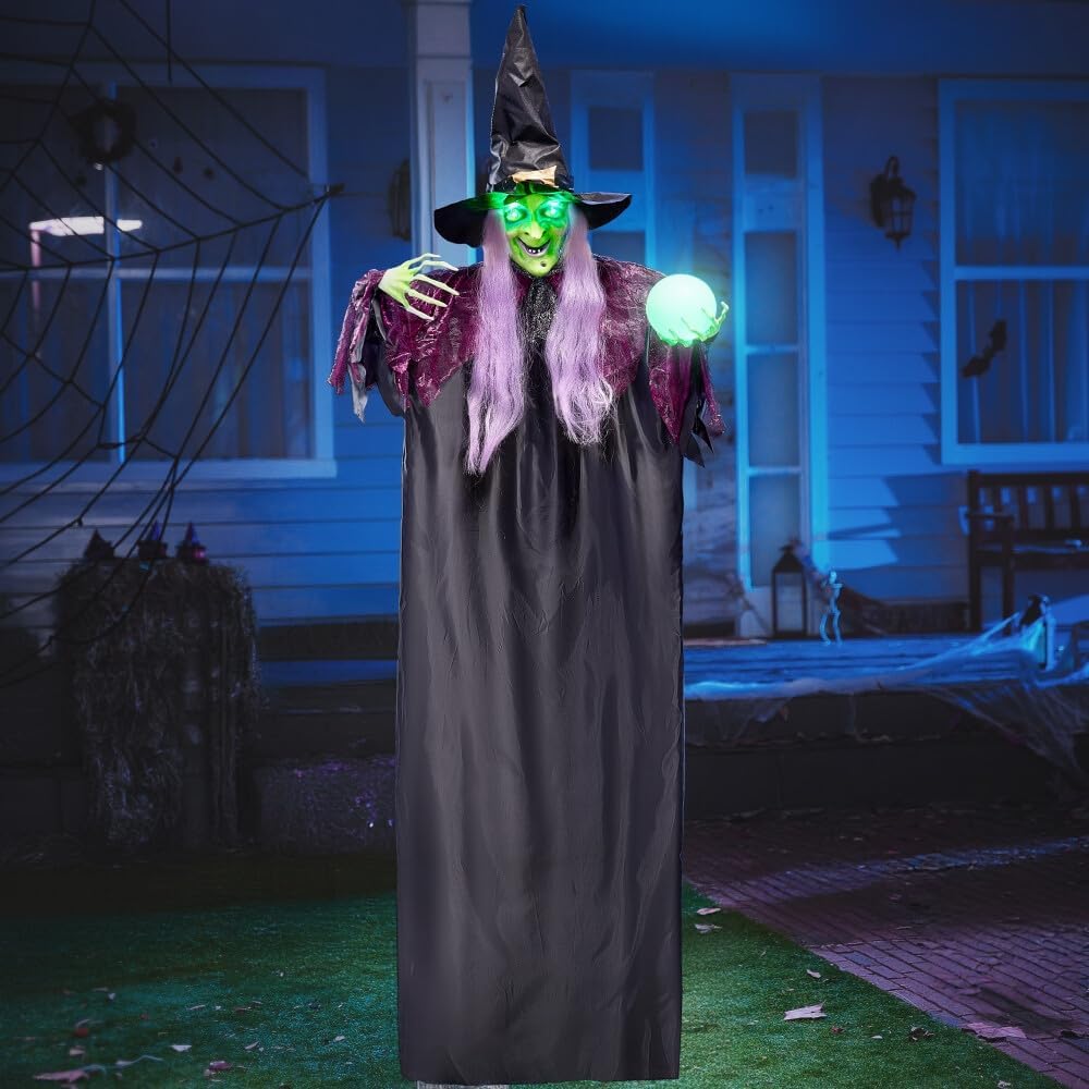 Joyfy 6ft Halloween Witch Decoration,Outdoor Scary Halloween Animatronic Hanging Witch with Light Up Eyes and Sound Decoration for Halloween Outdoor