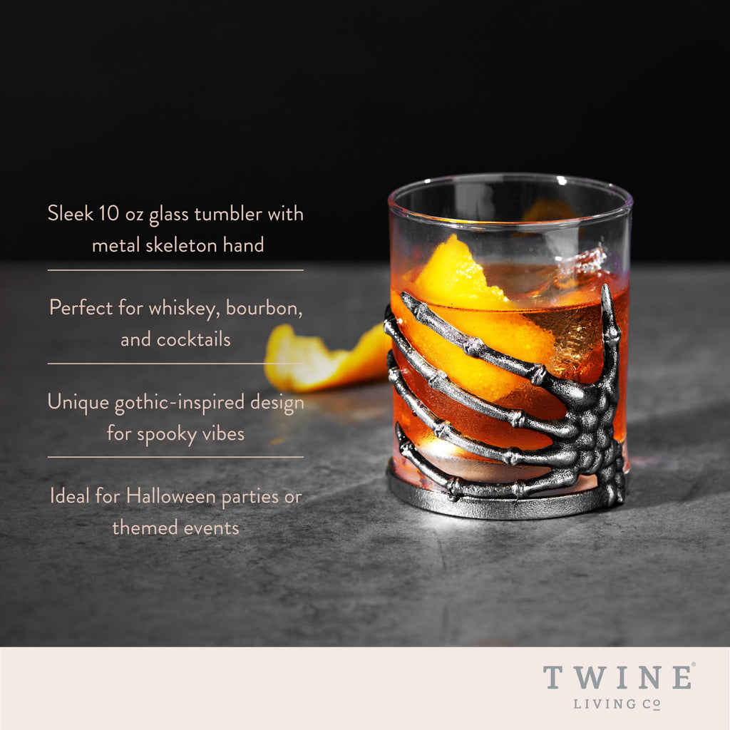 Twine Skeleton Hand Cocktail Tumbler, Gothic Whiskey Glass with Metal Skeleton Wrap, Spooky Halloween Barware for Bourbon, Cocktails & More, 10 oz., Set of 1