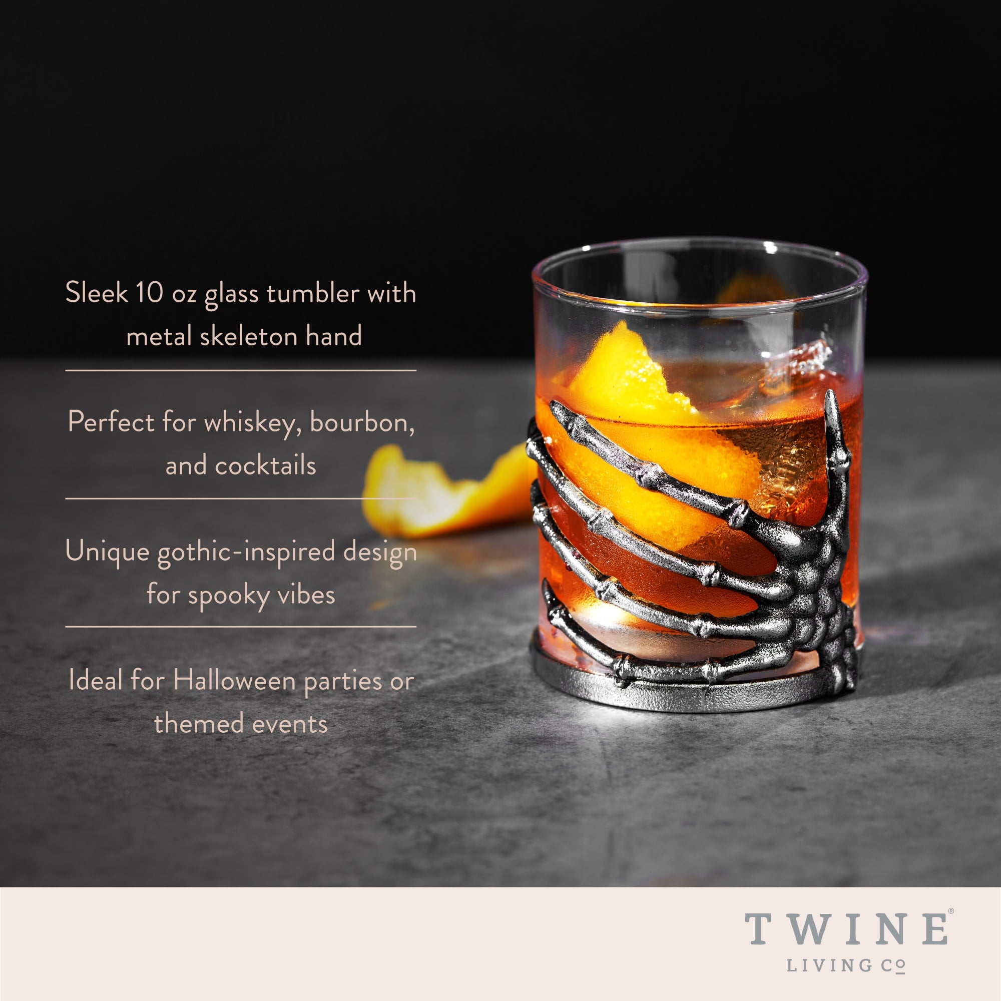 Twine Skeleton Hand Cocktail Tumbler, Gothic Whiskey Glass with Metal Skeleton Wrap, Spooky Halloween Barware for Bourbon, Cocktails & More, 10 oz., Set of 1