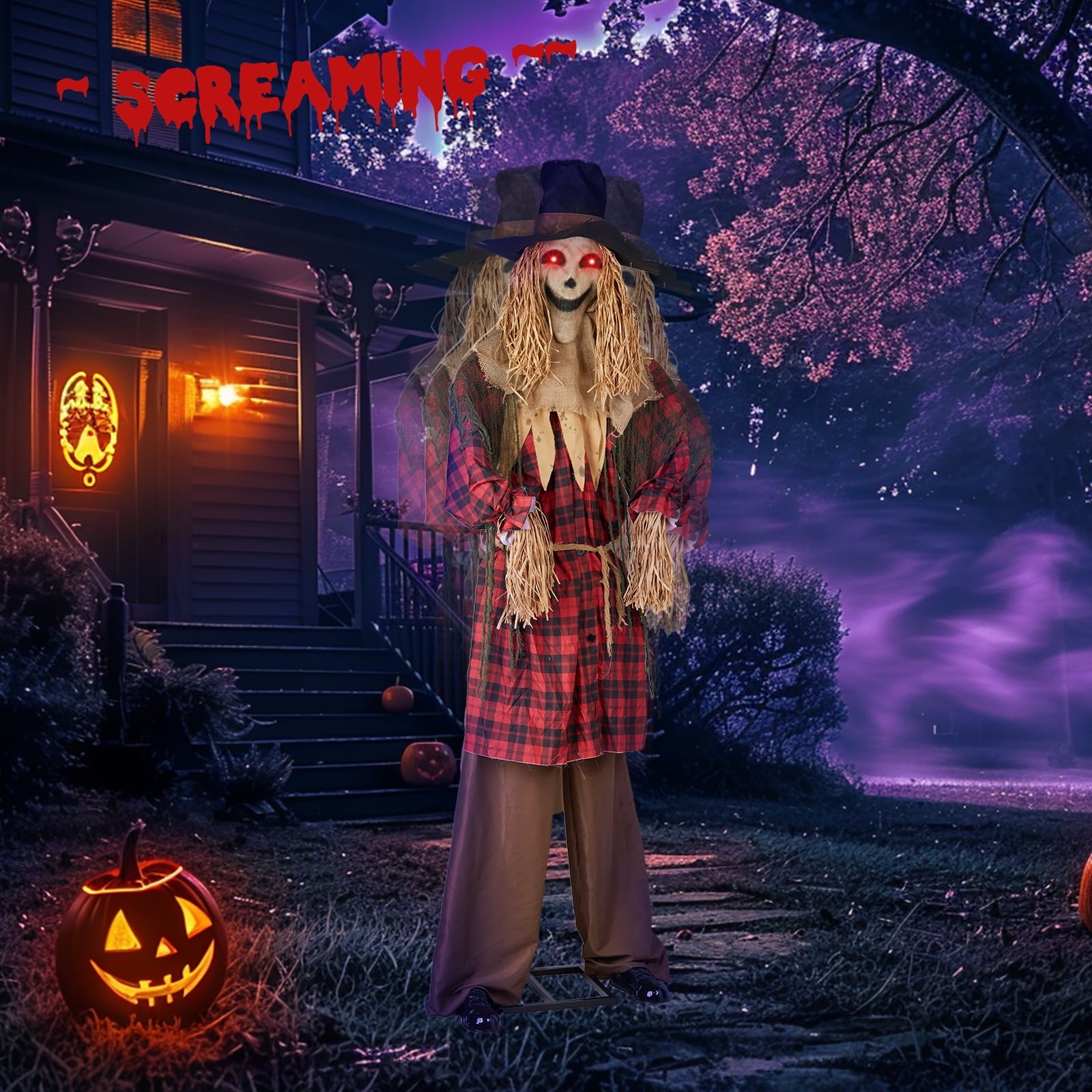 UBesGoo 8ft Animated Halloween Decoration Scarecrow w/ Pre-Recorded Screaming, LED Eyes