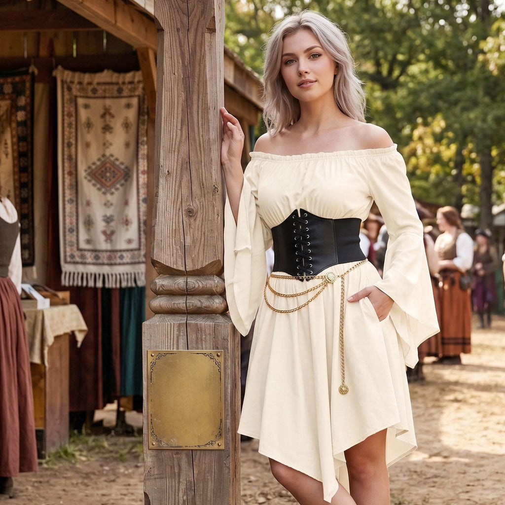 Alaiyaky Renaissance Costume Women Pirate Costume Adult Renaissance Medieval Outfit Off Shoulder Bell Sleeve Fairy Dress for Halloween Cosplay and Themed Parties