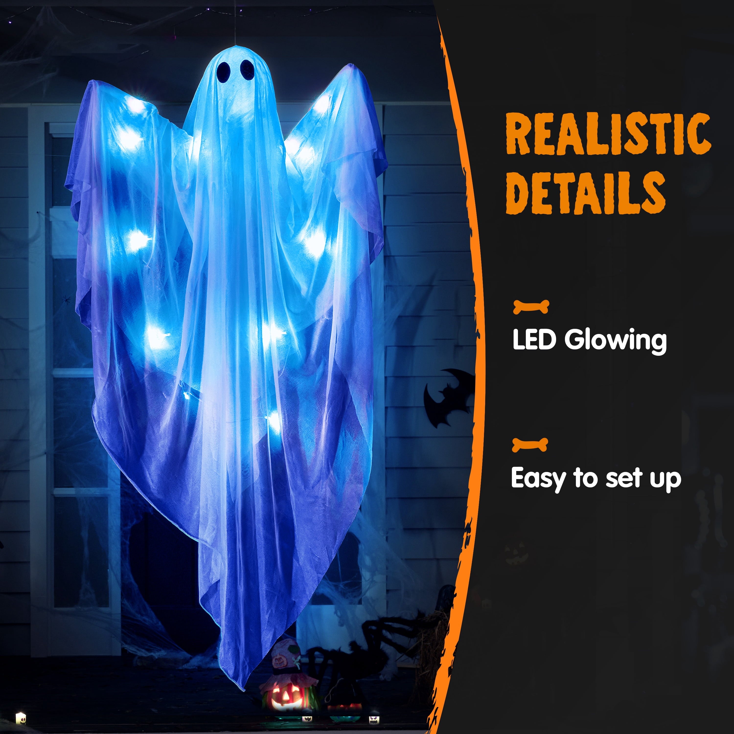 Joyfy 47inch Halloween Decorations Outdoor Hanging Ghost,Light up White Ghosts with Spooky Warm White LED Light,Halloween Outdoor Yard Porch Decorations,Haunted House Decorations