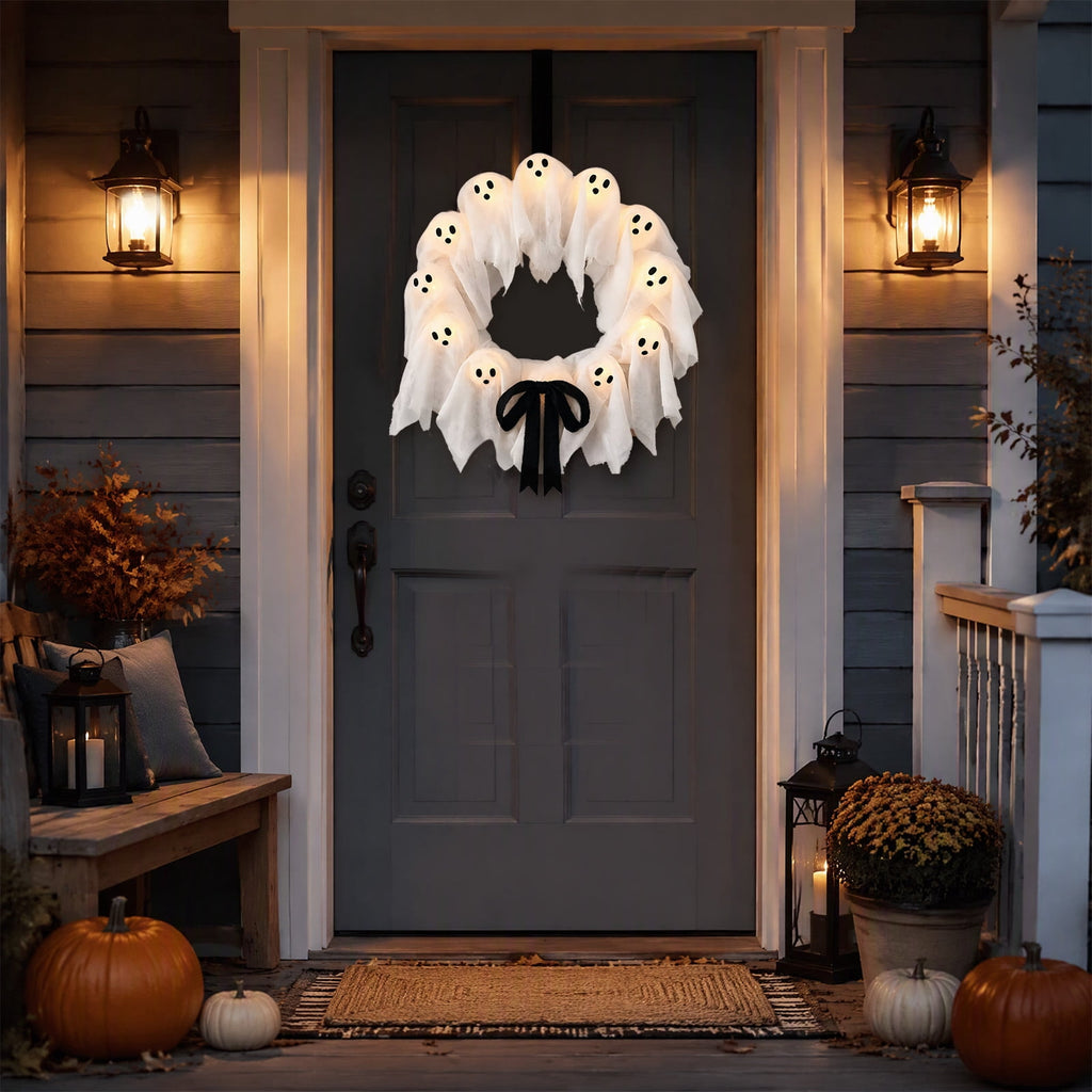Halloween Glowing Ghost Wreath, Light-up Spooky Wreath with 12 Ghost Decor, RC, 6H Timer, Ideal for Halloween Party (A 12x3inch)
