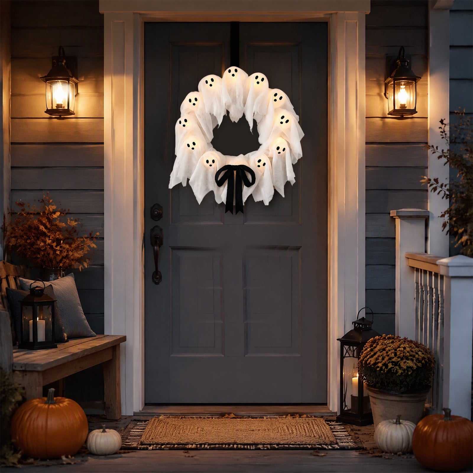 Halloween Glowing Ghost Wreath, Light-up Spooky Wreath with 12 Ghost Decor, RC, 6H Timer, Ideal for Halloween Party (A 12x3inch)
