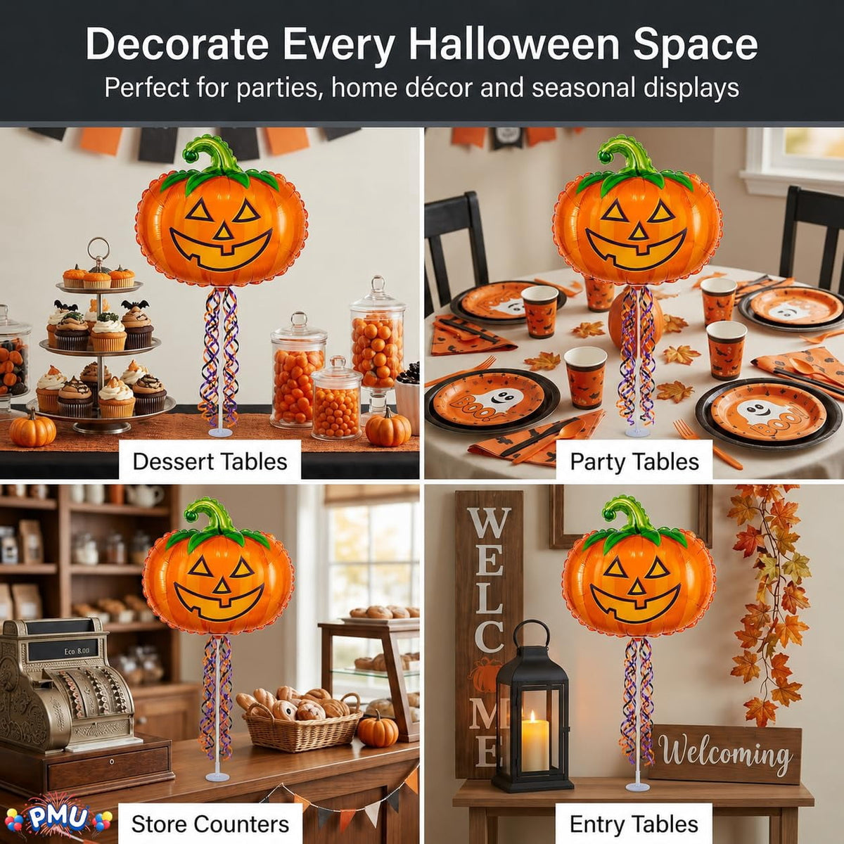 PMU Halloween Pre-Inflated Balloons "Whimsical Pumpkin" 9 Inch Air-Filled Pre-inflated with a Cup and a Stick (1/Pkg) Pkg/1