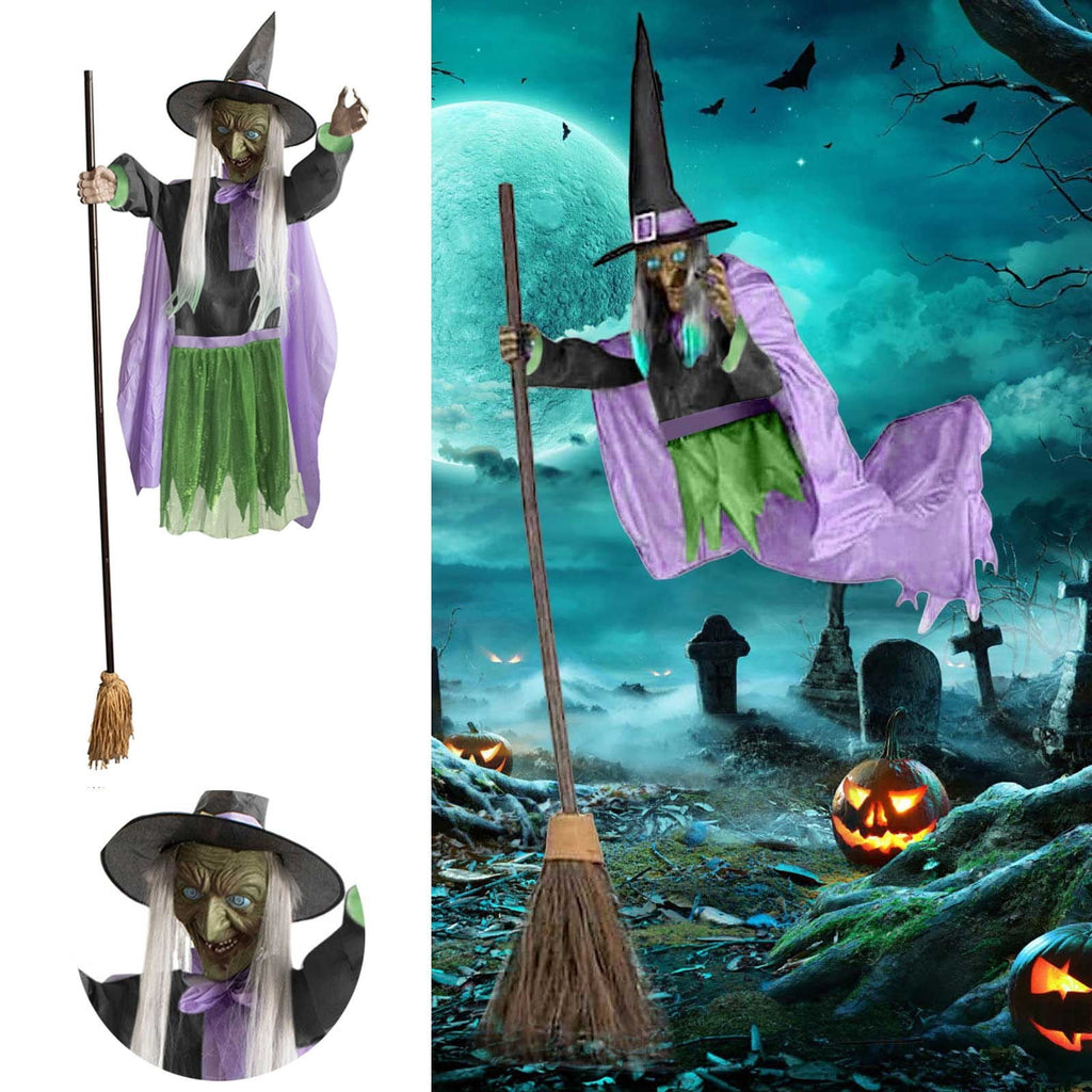 6FT Animated Flying Witch Decoration with Lights and Sounds Green 1pc