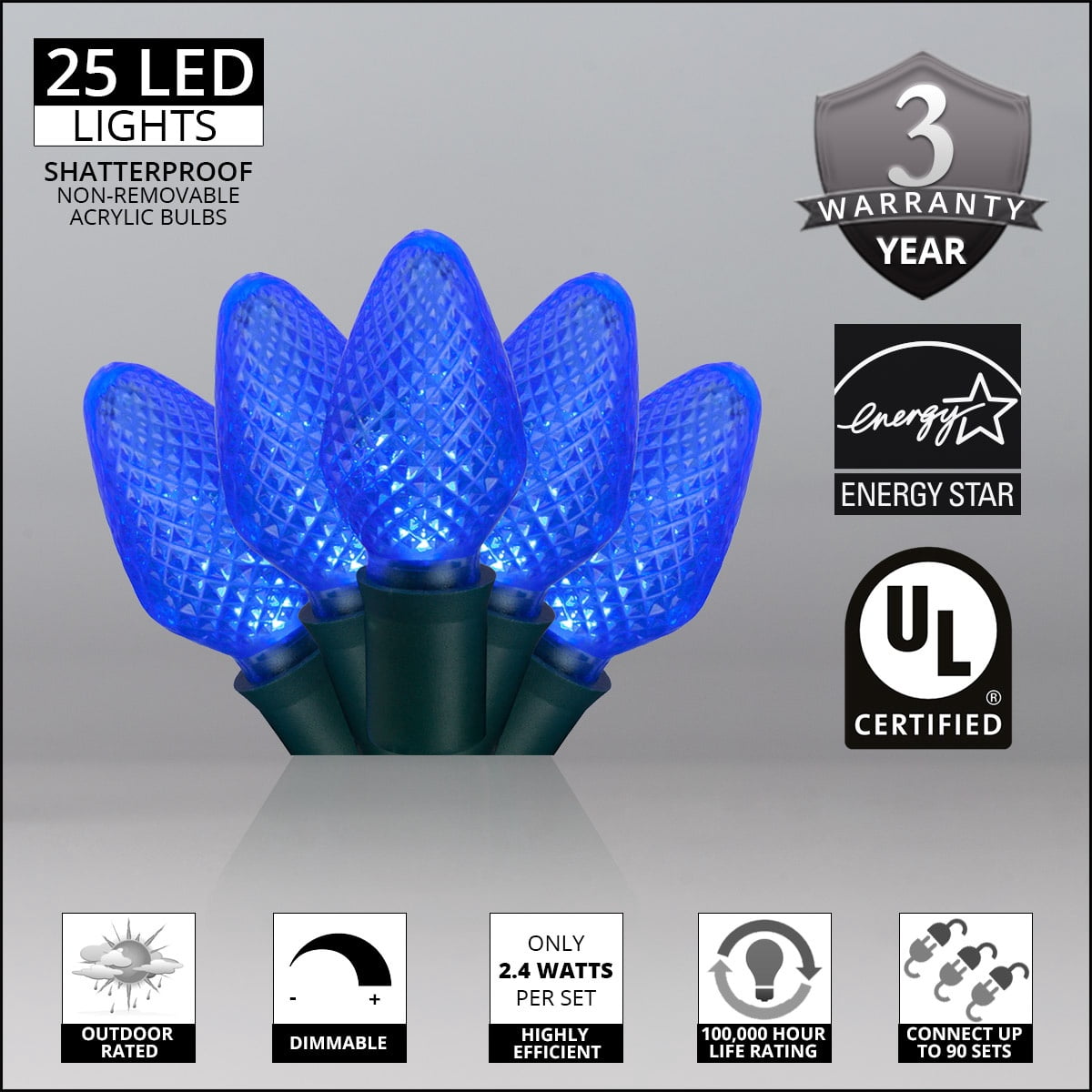 Wintergreen Lighting 25ct C7 LED Multi-Color Christmas Lights, 8" Spacing – Green Wire