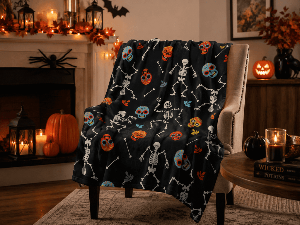 Serafina Home Halloween Throw Blanket: Fuzzy Boo! Jack O'Lantern Spider Webs Skull and Black Cats Print on Velvet Fleece for Sofa Bed Couch Chair Dorm