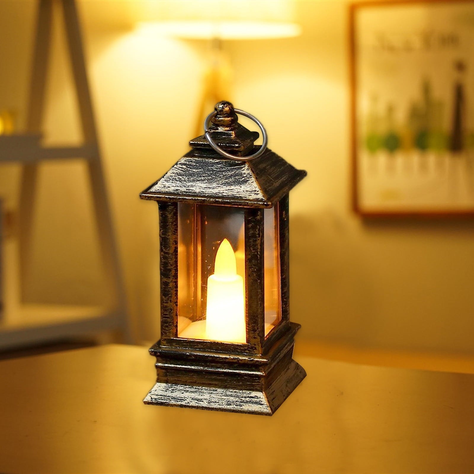 Lanterns Decorative Indoor & Outdoor- Black Candle Lantern, 3.7in Waterproof LED Lantern for Patio & Porch, Battery-Powered Hanging Vintage Lanterns with Timer for Weddings, Transparent
