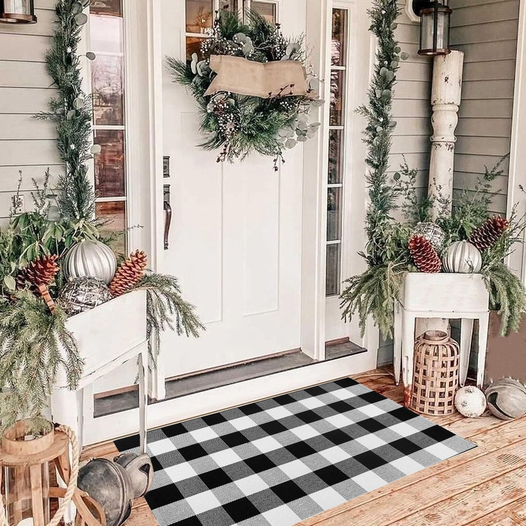 Fall Plaid Mat, 16*24" Autumn Front Door Decor Mat, Cotton Washable Hand-Woven Door Mat for Layered Doormat, Autumn Halloween Thanksgiving Carpet for Porch, Entryway