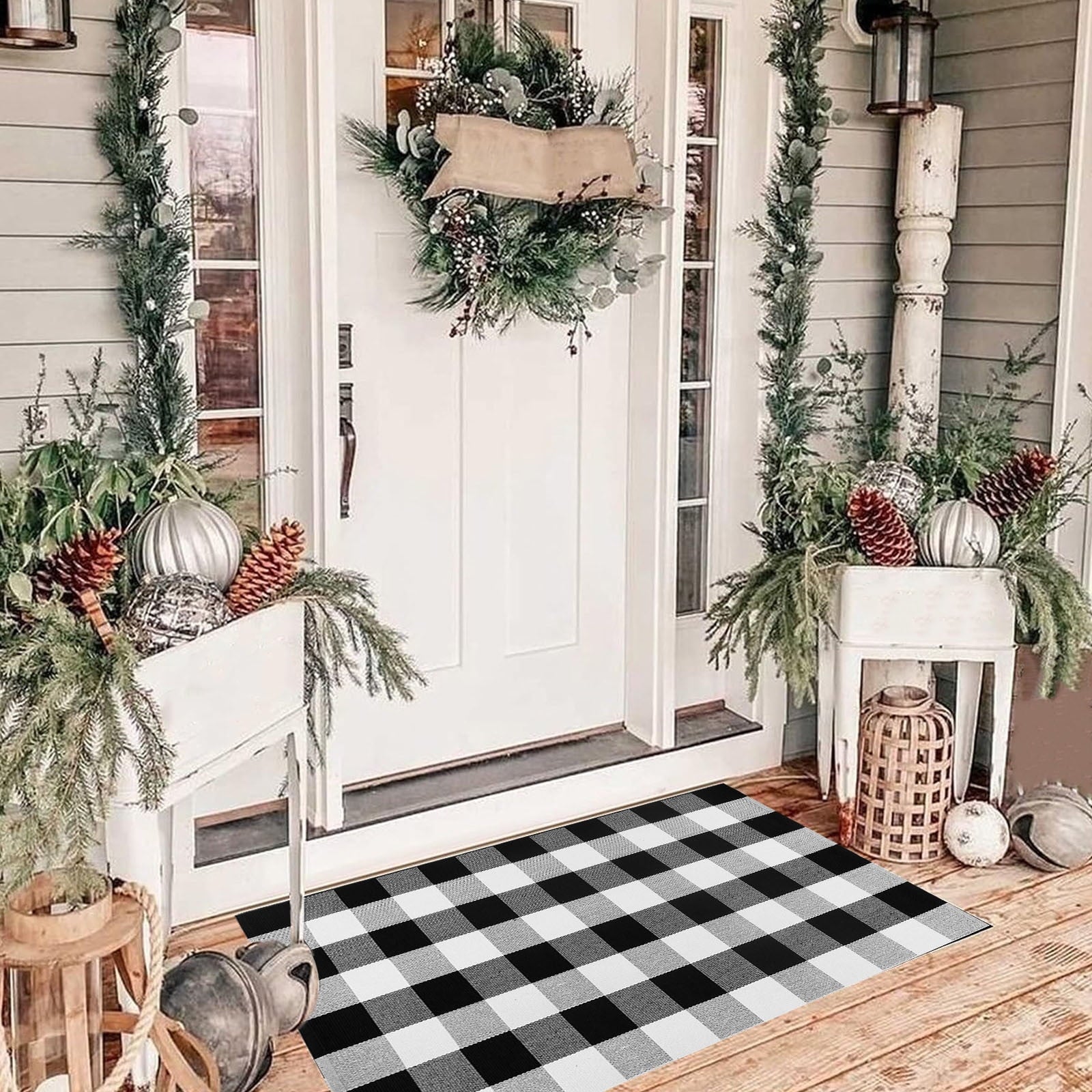 Fall Plaid Mat, 16*24" Autumn Front Door Decor Mat, Cotton Washable Hand-Woven Door Mat for Layered Doormat, Autumn Halloween Thanksgiving Carpet for Porch, Entryway