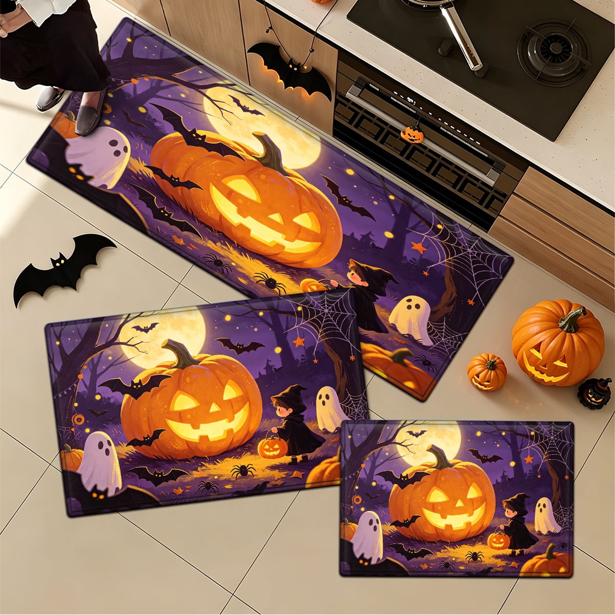 YIMEIS Halloween Pumpkin Lantern 3Pcs Flannel Mat & Kitchen Rugs Set,16''×24'' 20''×30'' 17''×47'' Inches,Soft Non-slip for Home Bathroom