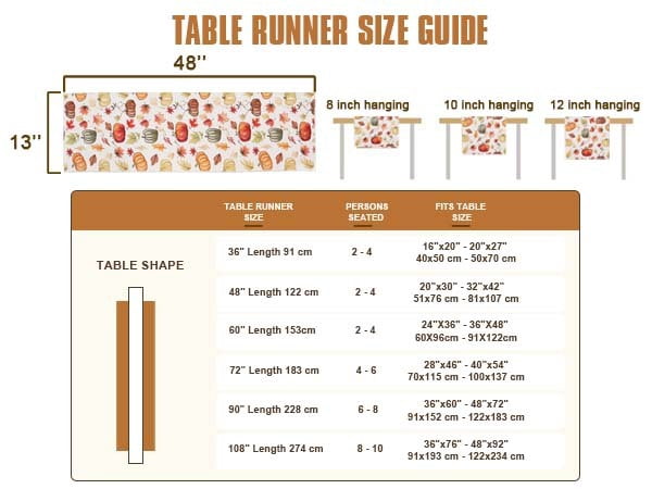 OVZME Joyce Fall Leaves Table Runner for Kitchen Dining Table, Thanksgiving Autumn Printed Harvest Pumpkins Maple Leaves for Halloween Holiday Home Decorations, Water-Proof, Washable, 13" W x 90" L